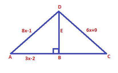A perpendicular bisector intersects line segment A C at point B. The bisector also contains points E