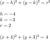(x-h)^2+(y-k)^2=r^2\\\\h=-4\\k=-3\\r=2\\\\(x+4)^2+(y+3)^2=4