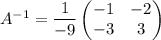 A^{-1} = \dfrac{1}{-9}\begin{pmatrix} -1 & -2 \\ -3 & 3 \end{pmatrix}\quad