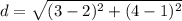d = \sqrt{(3 - 2)^2 + (4-1)^2}
