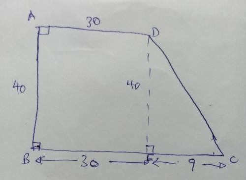 A piece of land ABCD is in the shape of a trapezium

as shown in the diagram. AB = 40 m, BC = 39 m,A