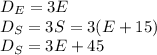 D_E=3E\\D_S=3S=3(E+15)\\D_S=3E+45