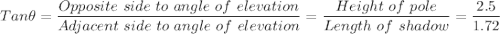 Tan\theta =\dfrac{Opposite \ side \ to\  angle \ of \ elevation}{Adjacent\ side \ to\  angle \ of \ elevation} = \dfrac{Height \ of \ pole }{Length \ of \ shadow} =\dfrac{2.5 }{1.72}