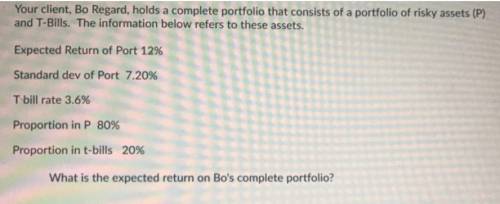 Your client, Bo Regard, holds a complete portfolio that consists of a portfolio of risky assets (P)