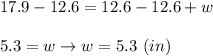 17.9-12.6=12.6-12.6+w\\\\5.3=w\to w=5.3\ (in)