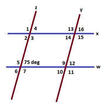 Parallel lines x and w are cut by transversals z and y and form 4 angles at each intersection. Where