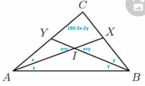 Angle bisectors AX and of triangle ABC meet at point I. Find angle C in degrees, if AIB = 109.
