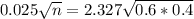 0.025\sqrt{n} = 2.327\sqrt{0.6*0.4}