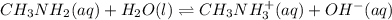 CH_3NH_2(aq)+H_2O(l)\rightleftharpoons CH_3NH_3^+(aq)+OH^-(aq)