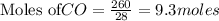 \text{Moles of} CO=\frac{260}{28}=9.3moles
