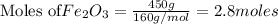 \text{Moles of} Fe_2O_3=\frac{450g}{160g/mol}=2.8moles