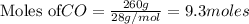 \text{Moles of} CO=\frac{260g}{28g/mol}=9.3moles