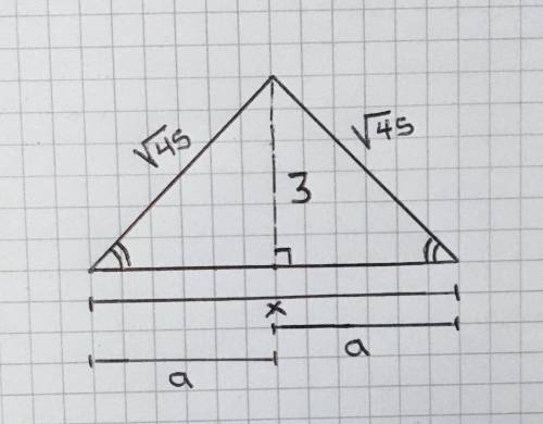 Find the value of x in the isoscleles triangle sqrt45 and altitude 3