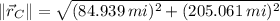 \|\vec r_{C}\|=\sqrt{(84.939\,mi)^{2}+(205.061\,mi)^{2}}
