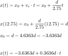x(t)=x_0+v_c\cdot t=x_0+\dfrac{d}{2.75}t\\\\\\x(12.75)=x_0+\dfrac{d}{2.75}(12.75)=d\\\\x_0=d-4.6363d=-3.6363d\\\\\\x(t)=-3.6363d+0.3636d\cdot t