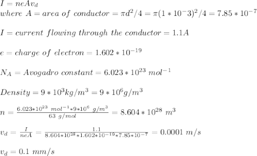I=neAv_d\\where\ A =area\ of\ conductor=\pi d^2/4=\pi(1*10^-3)^2/4=7.85*10^{-7}\\\\I=current\ flowing\ through\ the \ conductor=1.1A\\\\e=charge\ of \ electron=1.602*10^{-19}\\\\N_A=Avogadro \ constant=6.023*10^{23}\ mol^{-1}\\\\Density=9*10^3kg/m^3=9*10^6g/m^3\\\\n=\frac{6.023*10^{23}\ mol^{-1}*9*10^6\ g/m^3}{63\ g/mol} =8.604*10^{28}\ m^{3}\\\\v_d=\frac{I}{neA}=\frac{1.1}{8.604*10^{28}*1.602*10^{-19}*7.85*10^{-7}}=0.0001\ m/s\\\\v_d=0.1\ mm/s