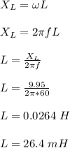 X_L = \omega L\\\\X_L = 2\pi f L\\\\L = \frac{X_L}{2\pi f} \\\\L = \frac{9.95}{2\pi *60} \\\\L = 0.0264 \ H\\\\L = 26.4 \ mH