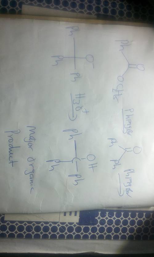 Draw the structural formula of the principal organic product formed when ethyl benzoate is treated w