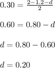 0.30=\frac{2-1.2-d}{2}\\\\0.60=0.80-d\\\\d=0.80-0.60\\\\d=0.20