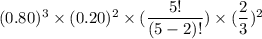 (0.80)^3 \times (0.20)^2 \times (\dfrac{5!}{(5-2)!}) \times (\dfrac{2}{3})^2