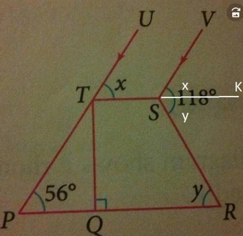 PRST is a trapezium. PQR and PTU arestraight lines. Find the values of x and y.