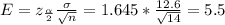 E=z_{\frac{\alpha}{2} }\frac{\sigma}{\sqrt{n} } =1.645*\frac{12.6}{\sqrt{14} }=5.5