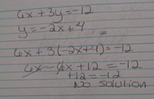 How many solutions does this system have? 6 x + 3 y = negative 12. y = negative 2 x + 4. one two an