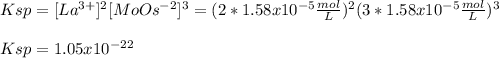 Ksp=[La^{3+}]^2[MoOs^{-2}]^3=(2*1.58x10^{-5}\frac{mol}{L})^2(3*1.58x10^{-5}\frac{mol}{L})^3\\\\Ksp=1.05x10^{-22}