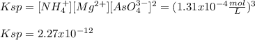Ksp=[NH_4^+][Mg^{2+}][AsO_4^{3-}]^2=(1.31x10^{-4}\frac{mol}{L})^3\\\\Ksp=2.27x10^{-12}