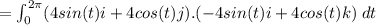 = \int_{0}^{2\pi}(4sin(t)i+4cos(t) j).(-4sin(t)i+4cos(t)k) \;dt