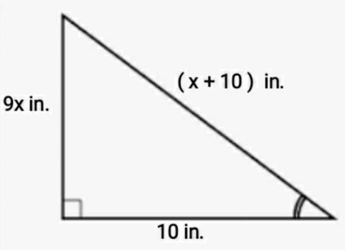 A right triangle has legs with lengths equal to 10 inches and 9x inches. Its hypotenuse measures (x