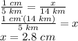 \frac{1\,\,cm}{5\,\,km} =\frac{x}{14\,\,km} \\\frac{1\,\,cm\.\,(14\,\,km)}{5\,\,km} =x\\x=2.8\,\,cm