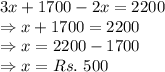 3x+1700-2x=2200\\\Rightarrow x+1700 = 2200\\\Rightarrow x=2200-1700\\\Rightarrow x = Rs.\ 500
