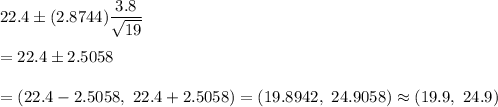 22.4\pm ( 2.8744)\dfrac{3.8}{\sqrt{19}}\\\\=22.4\pm2.5058\\\\=(22.4-2.5058,\ 22.4+2.5058)=(19.8942,\ 24.9058)\approx(19.9,\ 24.9)