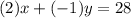 (2)x+(-1)y=28