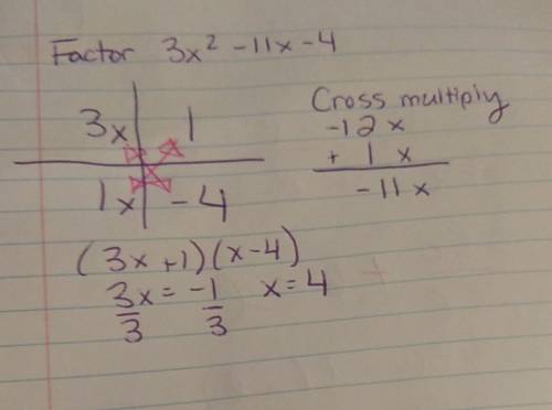 Where does f(x) = 3x2 – 11x – 4 intersect the x-axis?  the negative x-intercept is at ( , 0). the po