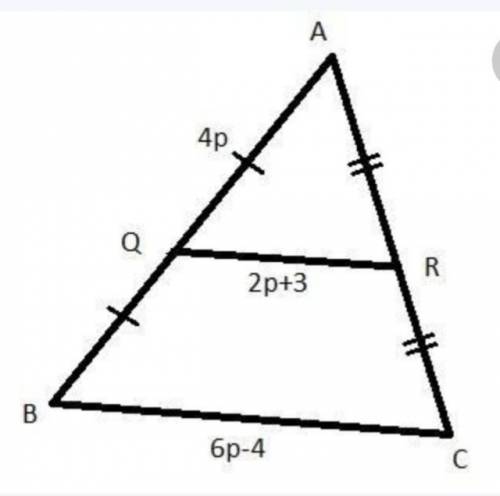 points Q and R are midpoints of the sides of triangle ABC. Triangle A B C is cut by line segment Q R
