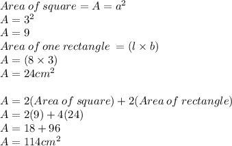 Area \:of\: square = A=a^2\\A = 3^2\\A=9\\Area\:of \:one \:rectangle\: = (l\times b)\\ A = (8\times 3)\\A = 24cm^2\\\\A = 2(Area\: of\: square)+2(Area\: of \:rectangle)\\A = 2(9)+4(24)\\A = 18+96\\A =114cm^2