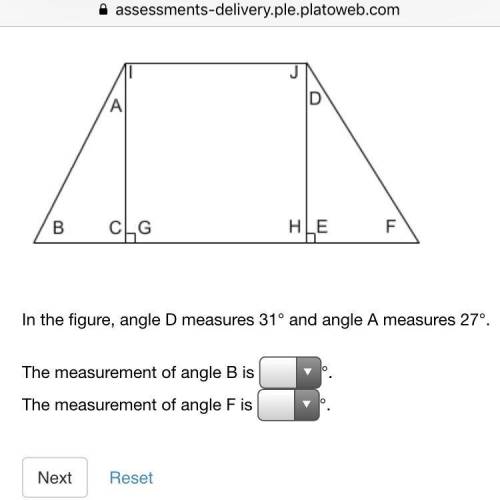 Select the correct answer from each drop-down menu. In the figure, angle D measures 31° and angle A