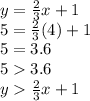 y=\frac{2}{3} x+1\\5=\frac{2}{3} (4)+1\\5=3.6\\53.6\\y\frac{2}{3} x+1