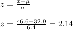 z=\frac{x-\mu}{\sigma}\\\\z=\frac{46.6-32.9}{6.4} =2.14