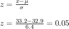 z=\frac{x-\mu}{\sigma}\\\\z=\frac{33.2-32.9}{6.4} =0.05