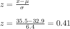z=\frac{x-\mu}{\sigma}\\\\z=\frac{35.5-32.9}{6.4} =0.41