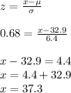z=\frac{x-\mu}{\sigma}\\\\0.68=\frac{x-32.9}{6.4} \\\\x-32.9=4.4\\x=4.4+32.9\\x=37.3
