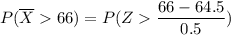 P(\overline X  66) = P ( Z\dfrac{66 - 64.5}{0.5} })