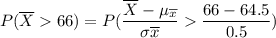 P(\overline X  66) = P ( \dfrac{\overline X - \mu_\overline x}{\sigma \overline x }\dfrac{66 - 64.5}{0.5} })