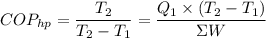 COP_{hp} = \dfrac{T_2}{T_2 - T_1} = \dfrac{Q_1\times (T_2 - T_1)}{\Sigma W}