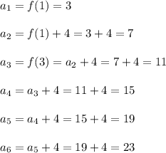 a_1=f(1)=3\\\\a_2=f(1)+4=3+4=7\\\\a_3=f(3)=a_2+4=7+4=11\\\\a_4=a_3+4=11+4=15\\\\a_5=a_4+4=15+4=19\\\\a_6=a_5+4=19+4=23
