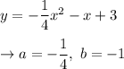 y=-\dfrac{1}{4}x^2-x+3\\\\\rightarrow a=-\dfrac{1}{4},\ b=-1