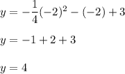 y=-\dfrac{1}{4}(-2)^2-(-2)+3\\\\y=-1+2+3\\\\y=4